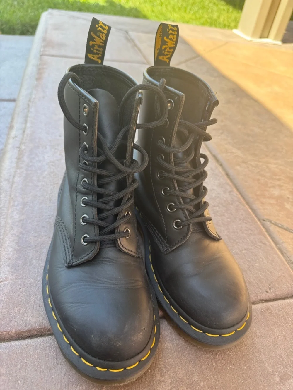 Dr. Martens Black Leather 8-Eye Boots with Yellow Stitching - Picture 2 of 6